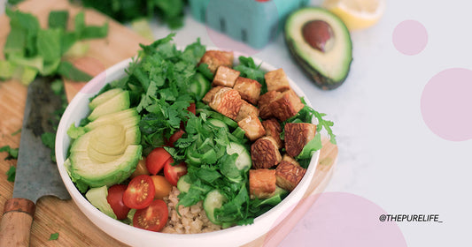 bowl with avocado, rice and crispy tofu